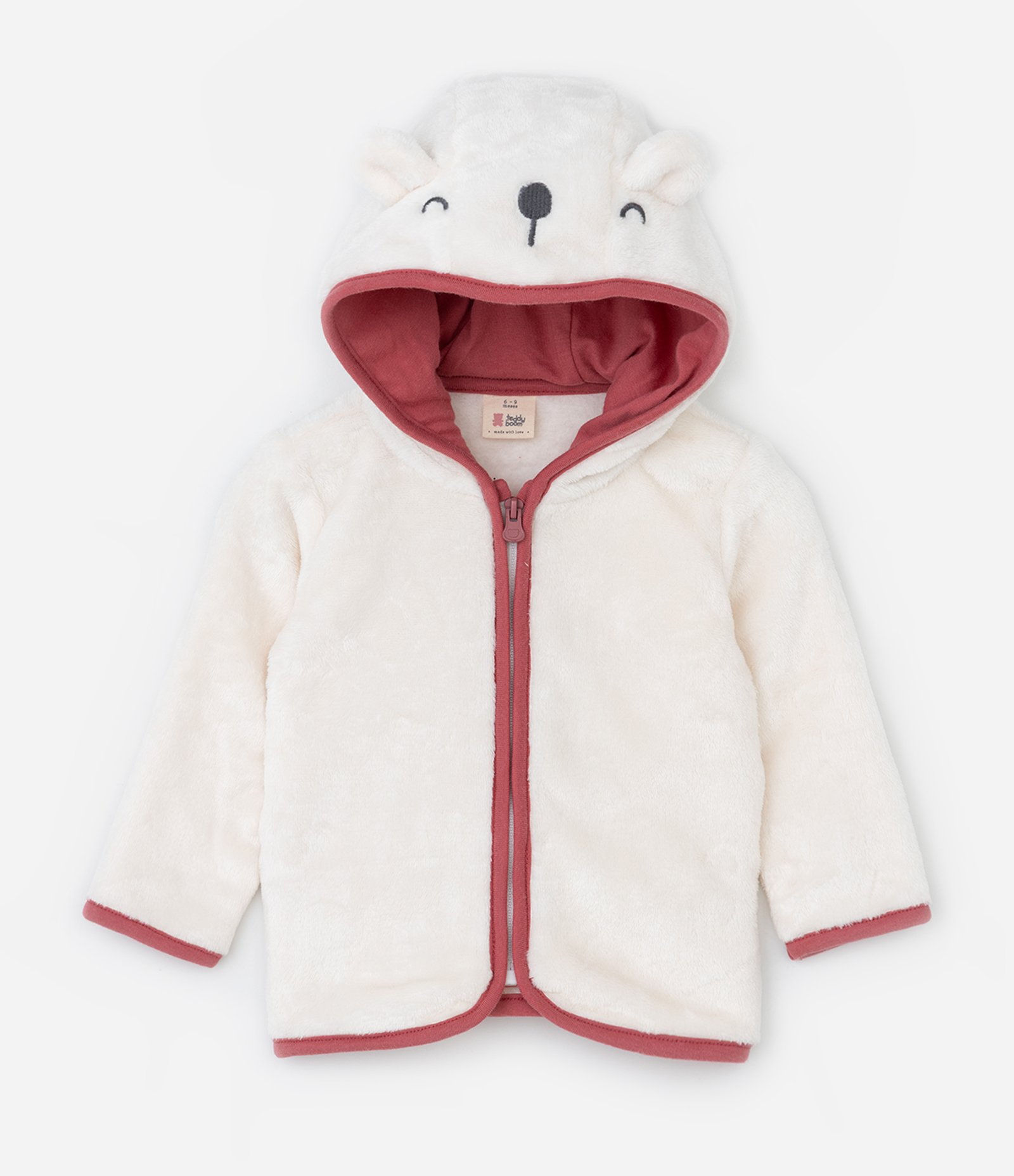 Jaqueta Infantil em Fleece com Capuz e Bordado de Bichinho – Tam 0 a 18 Meses Off White 1