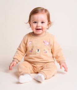 Conjunto Infantil em Fleece com Bordado Carinha de Gatinha - Tam 0 a 18 meses