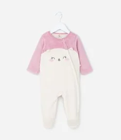 Macacão Infantil em Fleece com Bordado Gatinho - Tam 0 a 18 meses