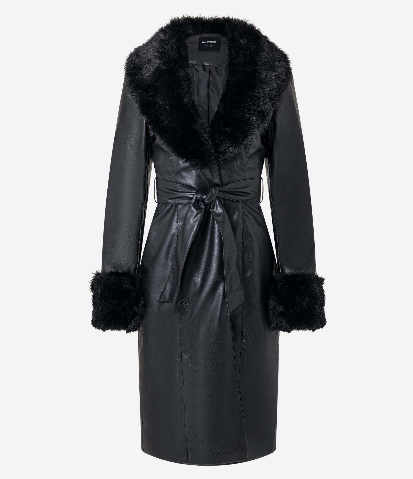 Casaco Trench Coat em PU com Gola e Punhos de Pelos Preto 6