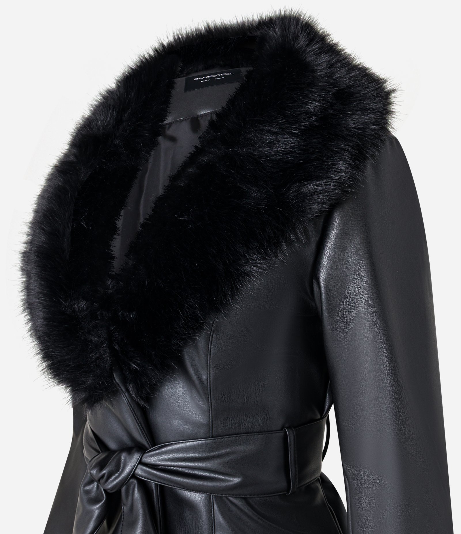 Casaco Trench Coat em PU com Gola e Punhos de Pelos Preto 7