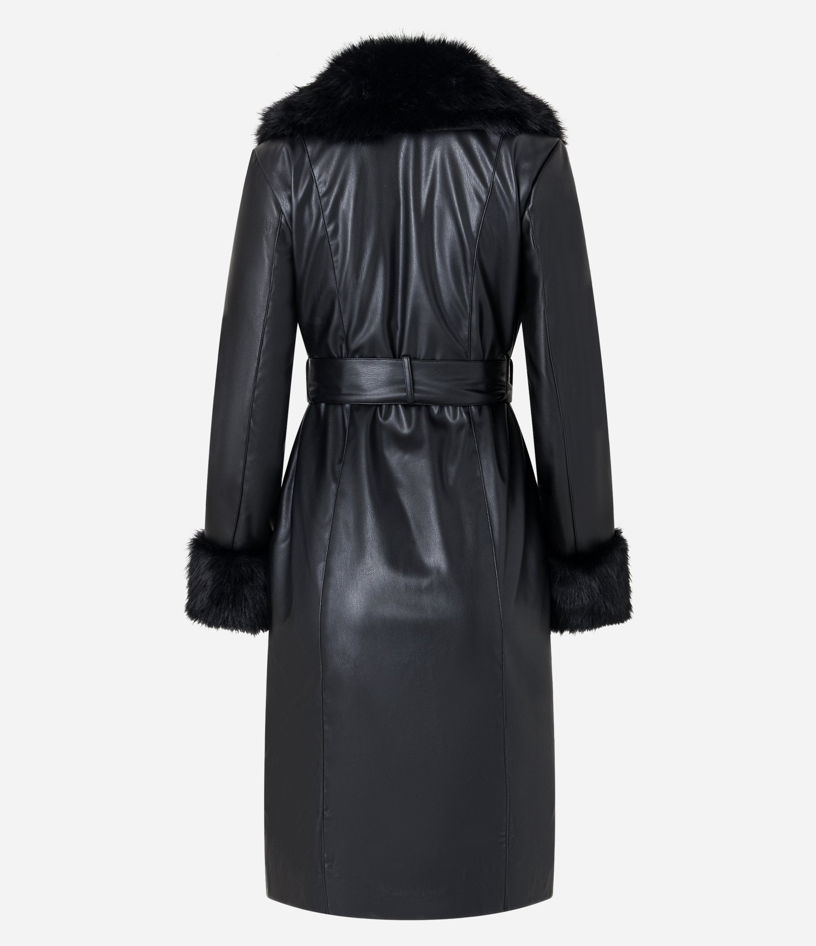 Casaco Trench Coat em PU com Gola e Punhos de Pelos Preto 8