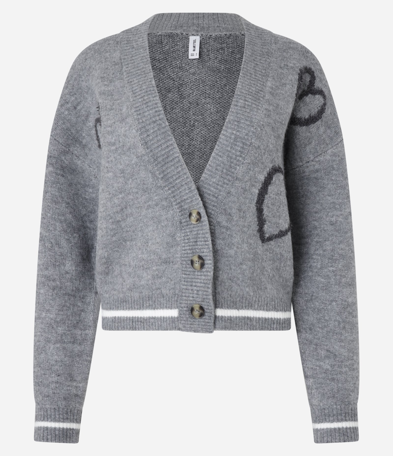 Cardigan Curto em Tricô com Botões e Estampa de Corações Cinza 4