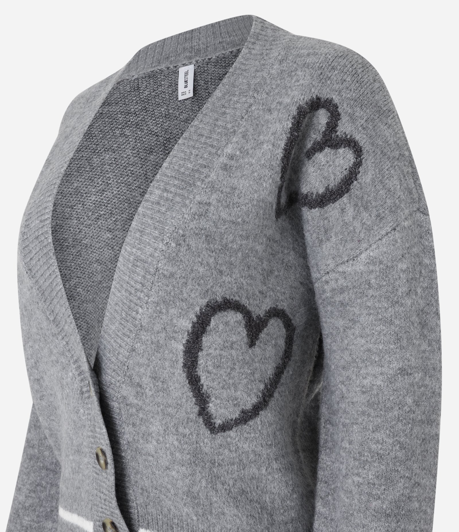 Cardigan Curto em Tricô com Botões e Estampa de Corações Cinza 5