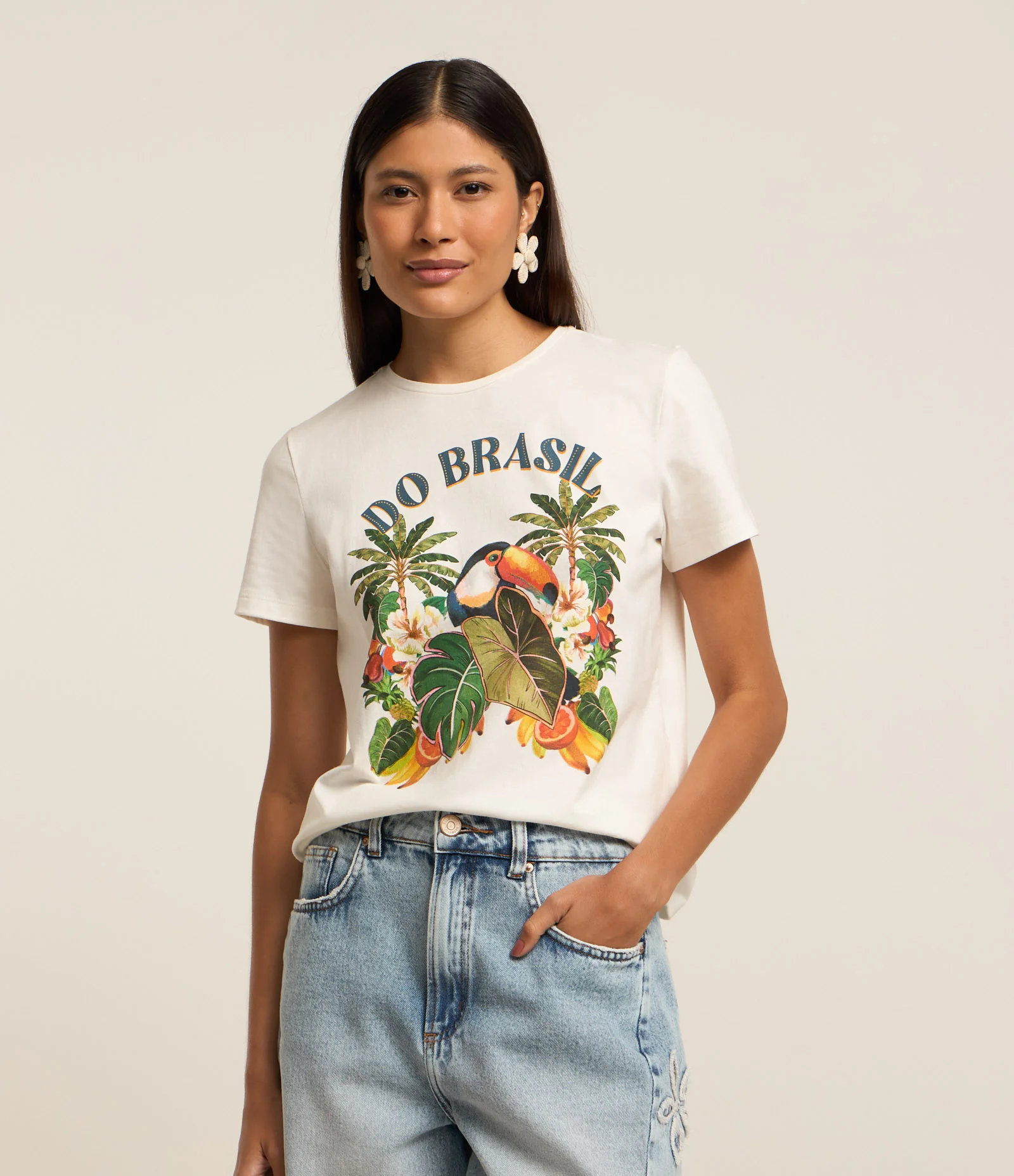 Blusa em Algodão com Estampa Tucano do Brasil Off White 1