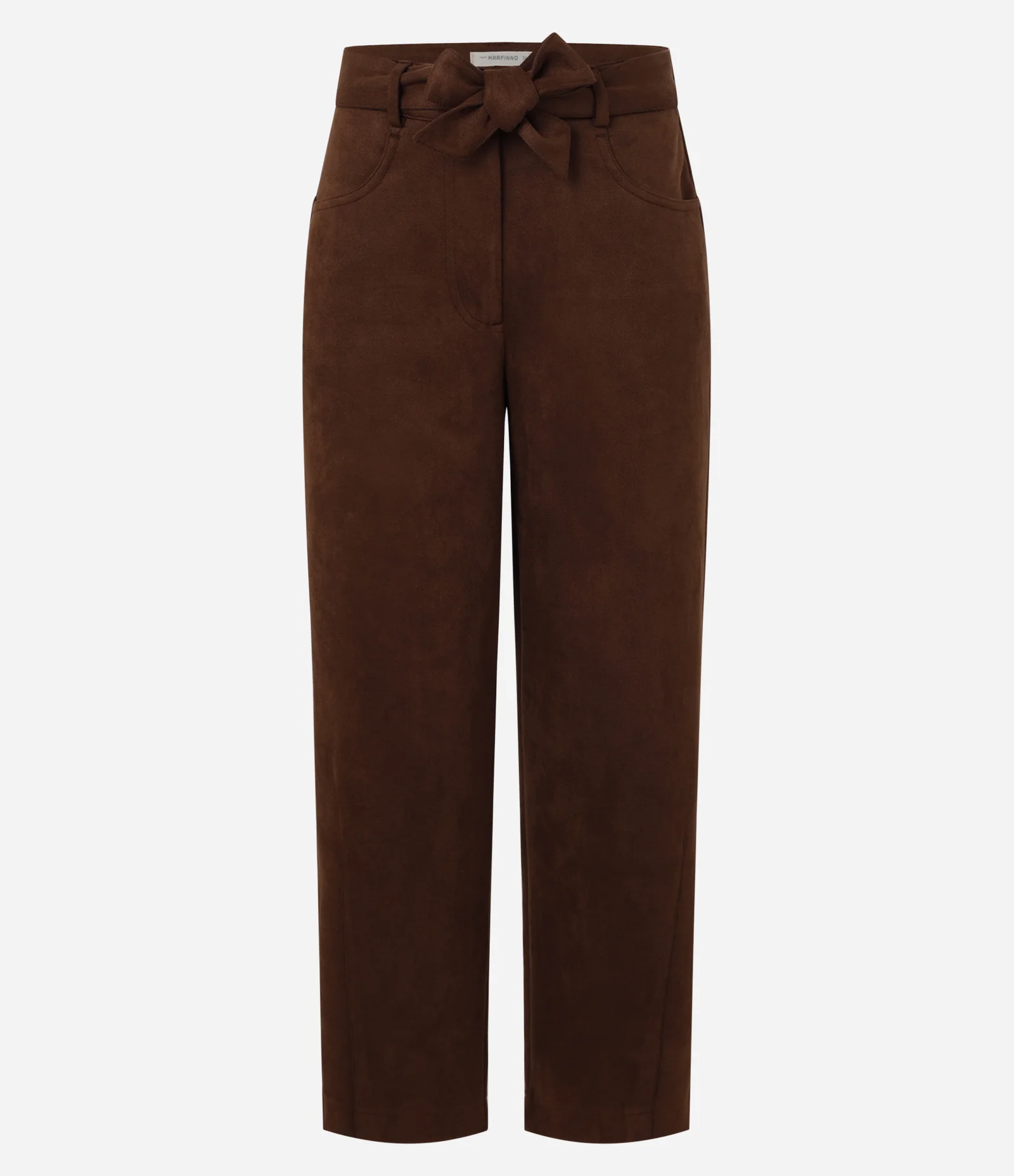 Calça Reta Cintura Alta em Suede com Cinto de Tecido Marrom 5