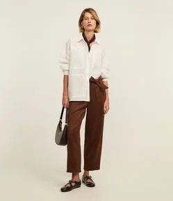 Calça Reta Cintura Alta em Suede com Cinto de Tecido