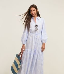 Vestido Evasê Midi em Tricoline Listrado com Estampa Folhagem