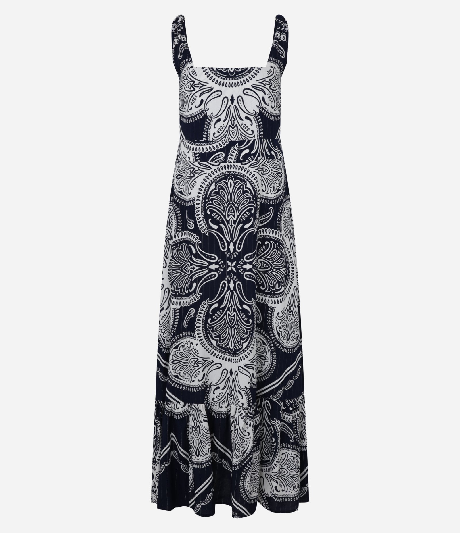 Vestido Evasê Midi em Viscose com Alça Média e Estampa Paisley Azul Escuro 5