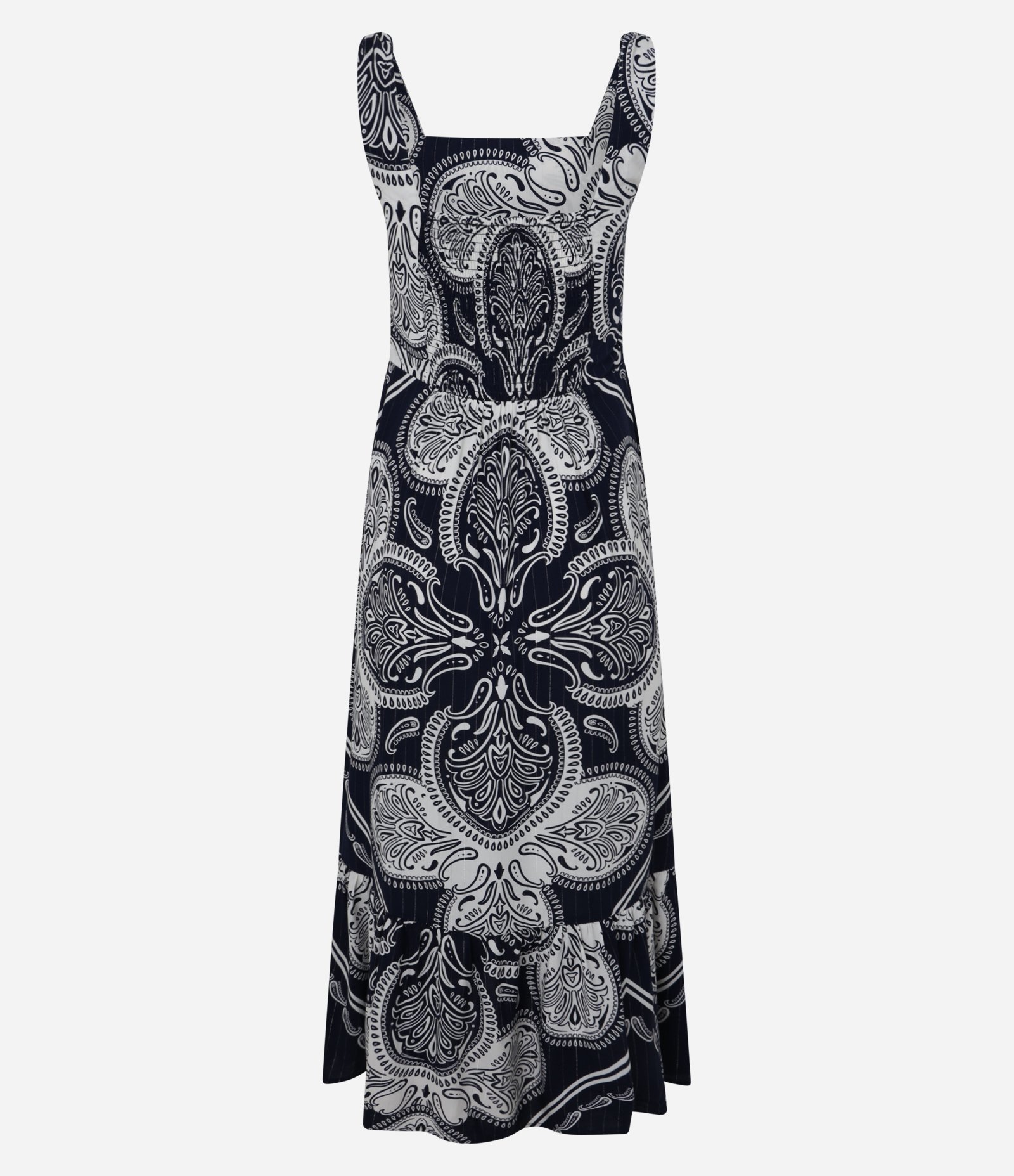 Vestido Evasê Midi em Viscose com Alça Média e Estampa Paisley Azul Escuro 7