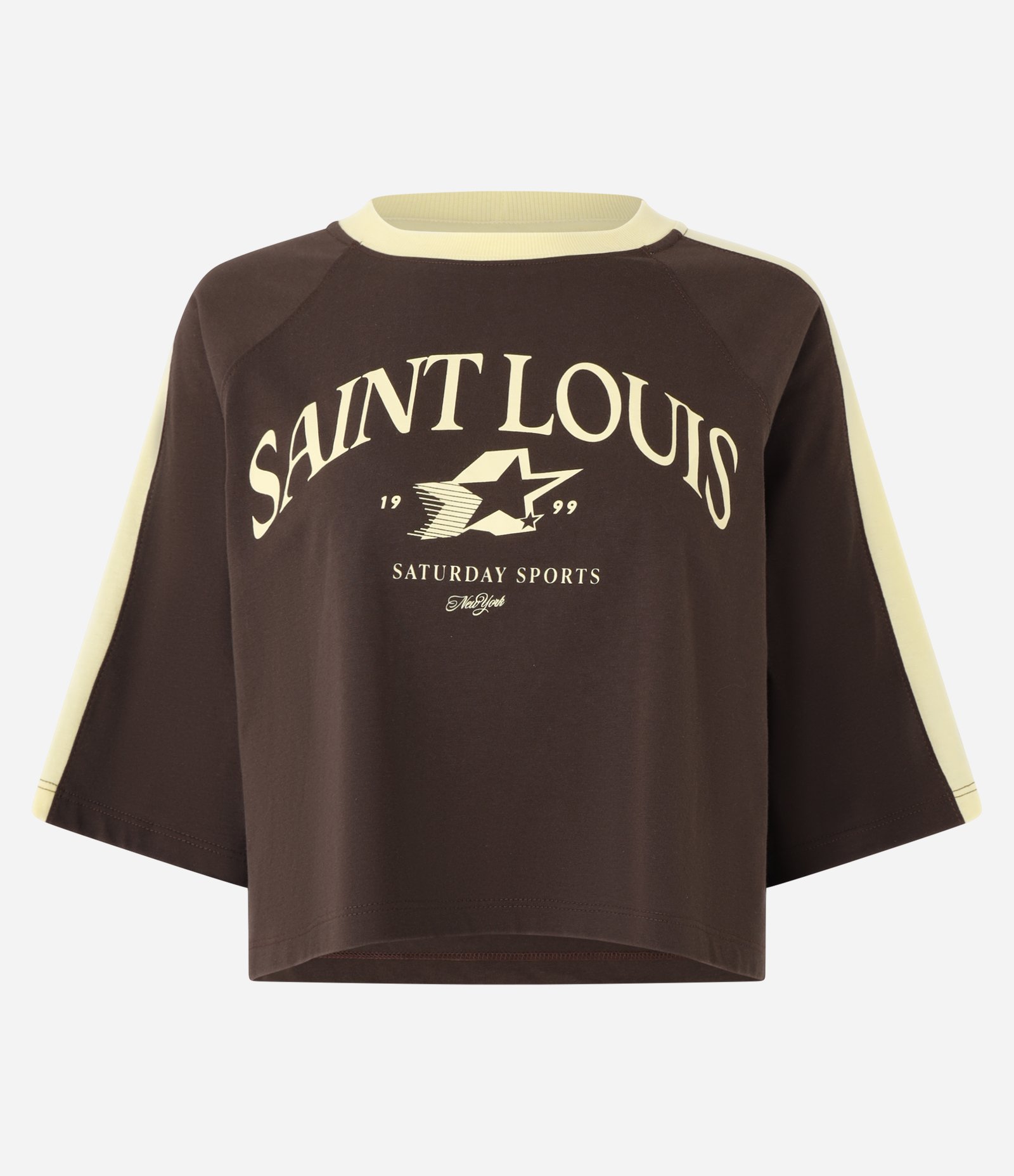 Blusa T-shirt com Detalhe Contrastante e Estampa Saint Louis Marrom 1