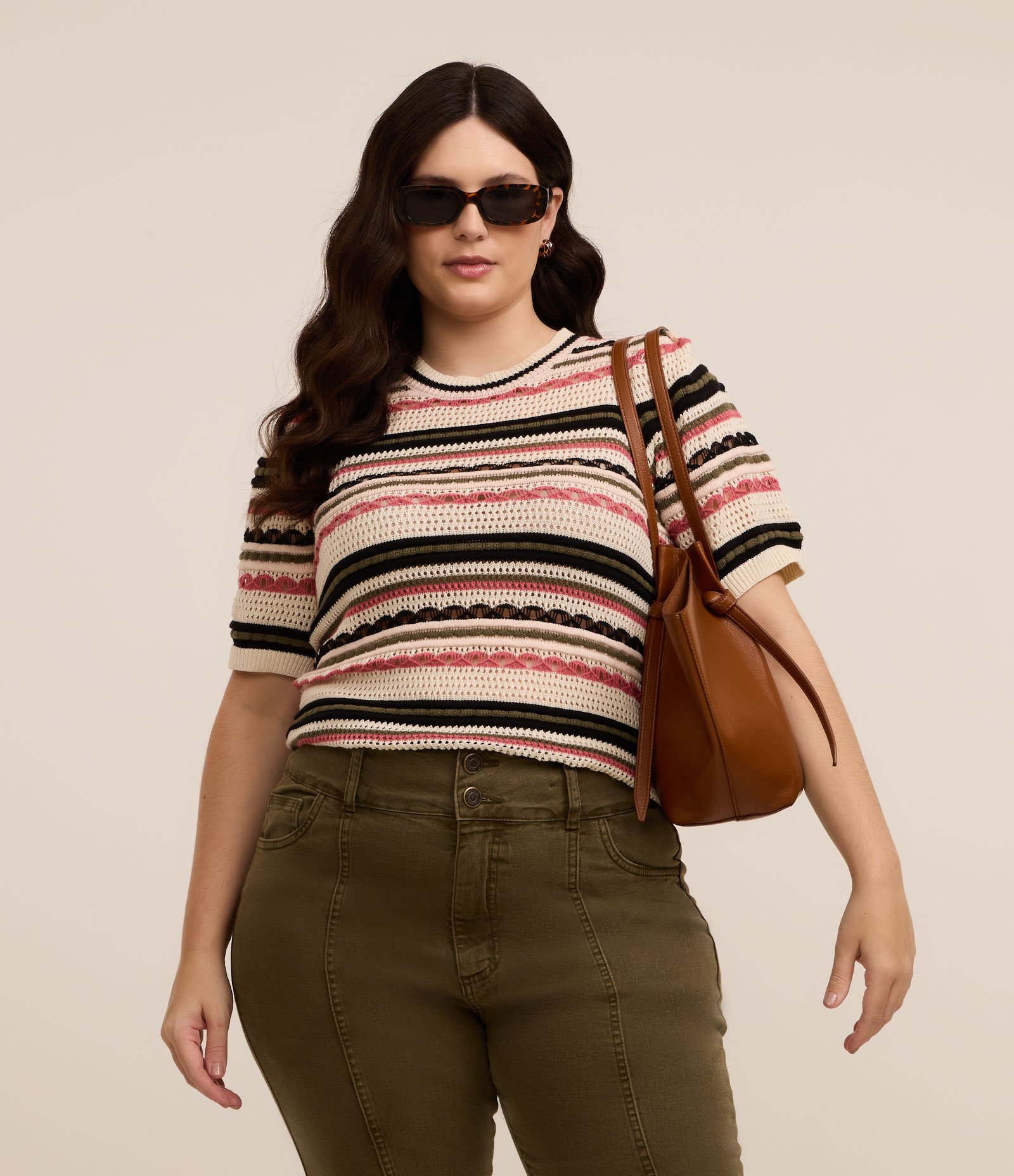 Blusa em Tricô Listrado com Manga Bufante Curve & Plus Size Bege/Marrom/Vermelho 2