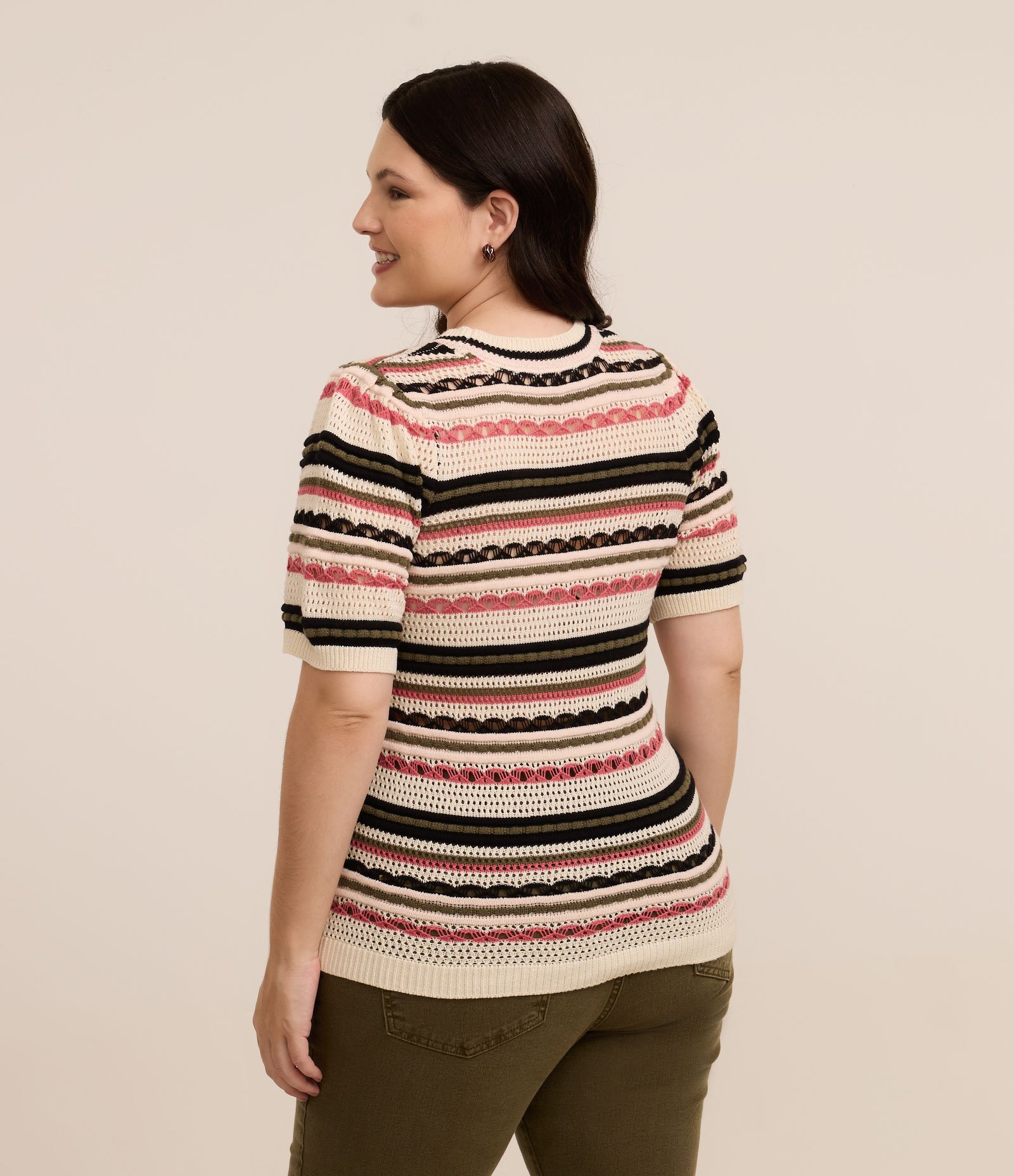 Blusa em Tricô Listrado com Manga Bufante Curve & Plus Size Bege/Marrom/Vermelho 3