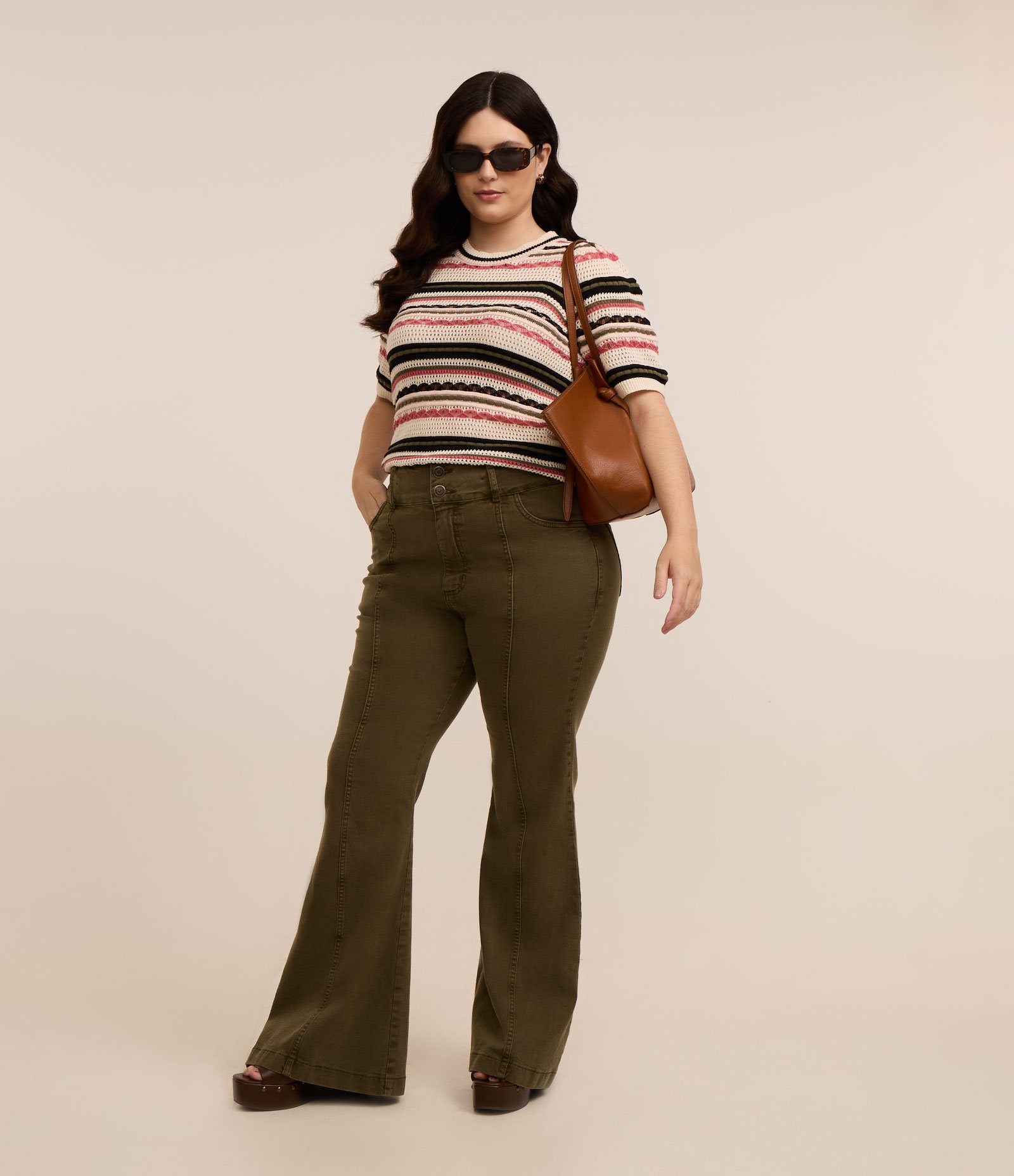 Blusa em Tricô Listrado com Manga Bufante Curve & Plus Size Bege/Marrom/Vermelho 4