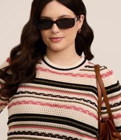 Blusa em Tricô Listrado com Manga Bufante Curve & Plus Size