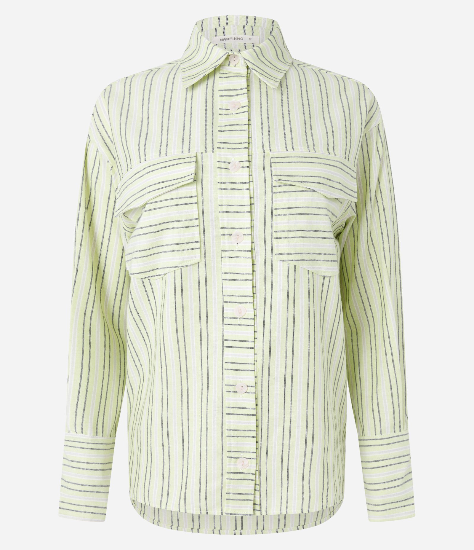 Camisa Alongada em Sarja Listrada com Bolsos Verde 5