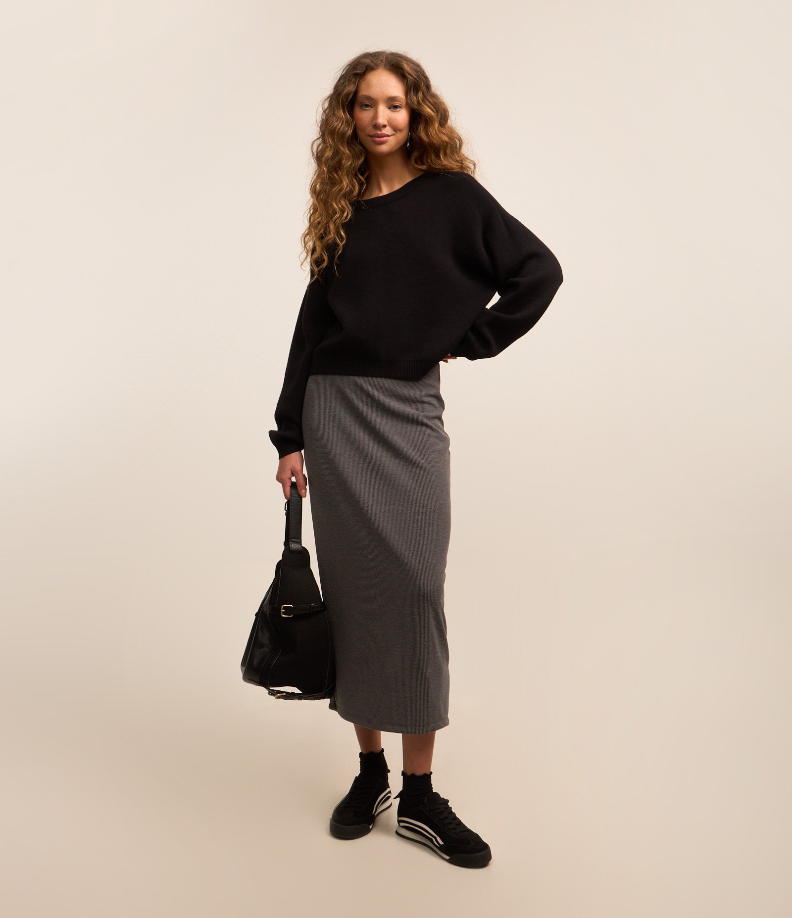 Saia Long Mid em Ribana com Fenda Cinza 1