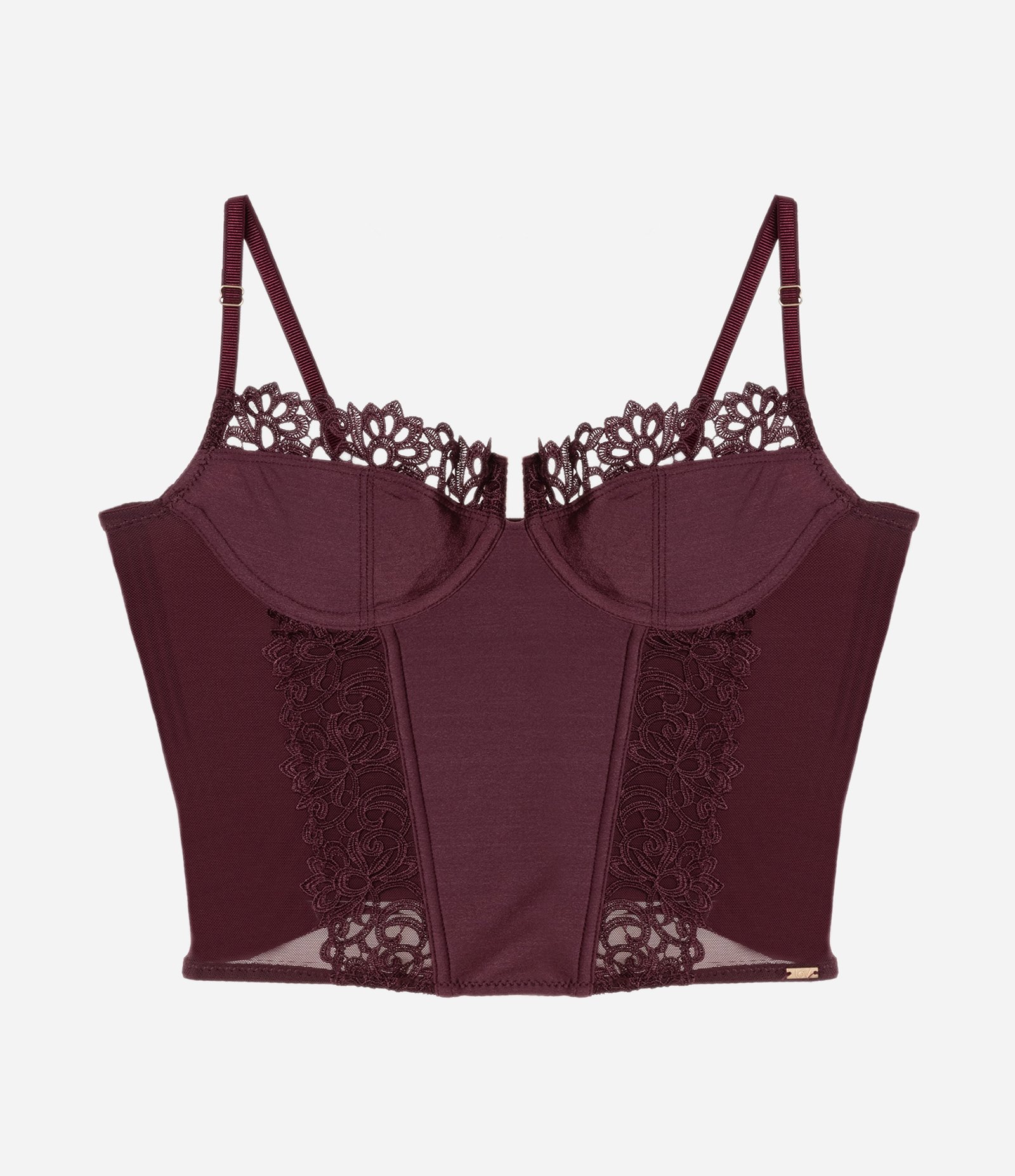 Corset Meia Taça sem Bojo com Recortes em Tule e Renda Bordô 4