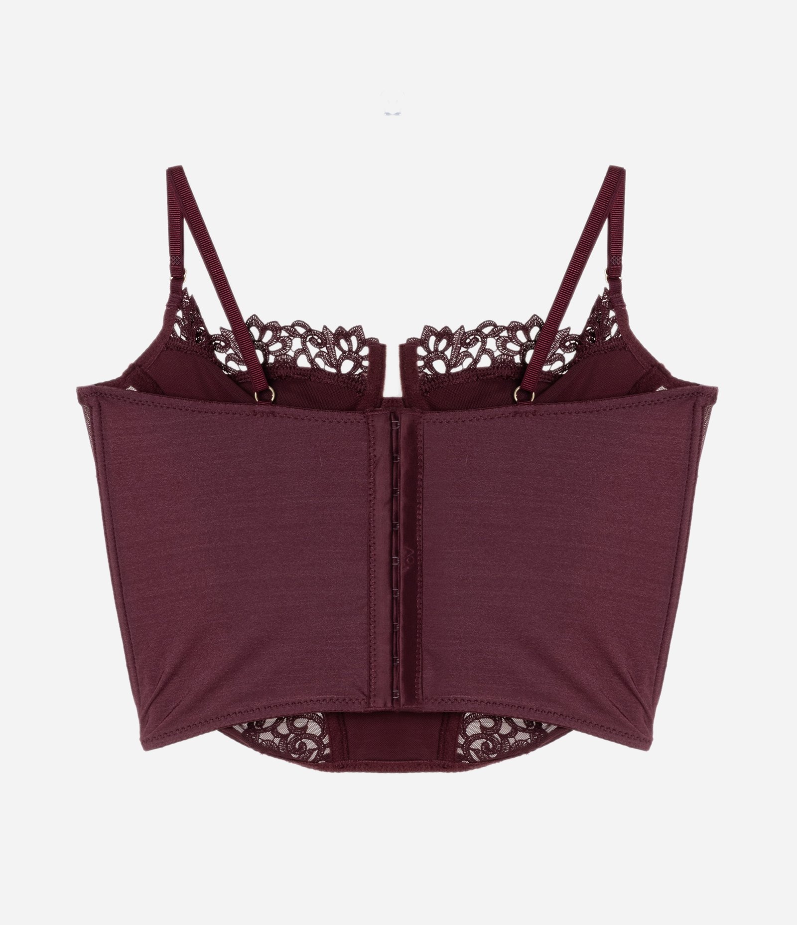 Corset Meia Taça sem Bojo com Recortes em Tule e Renda Bordô 5