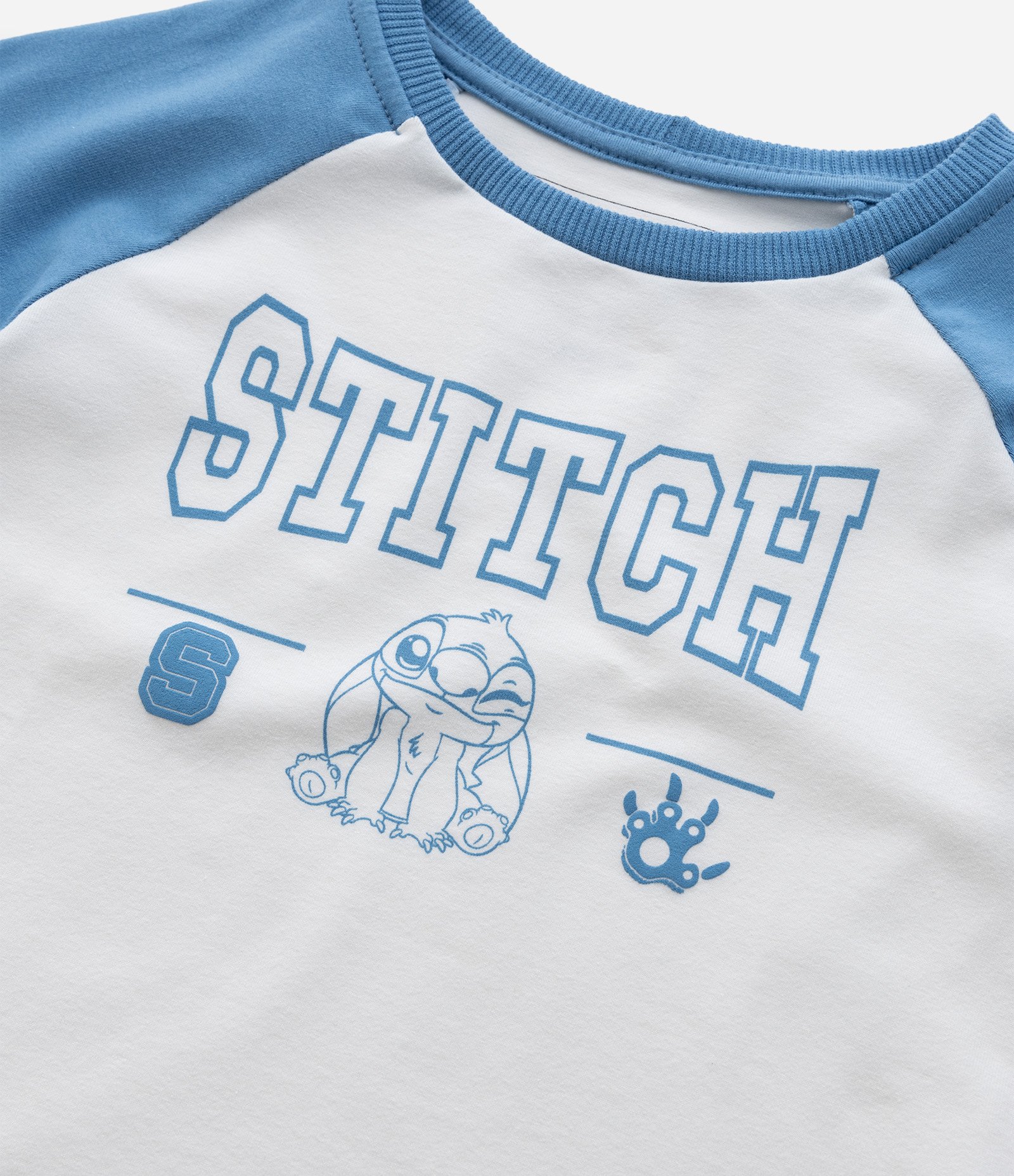 Camiseta Infantil com Mangas Raglan e Estampa do Stitch - Tam 5 a 14 Anos Branco/Azul 6