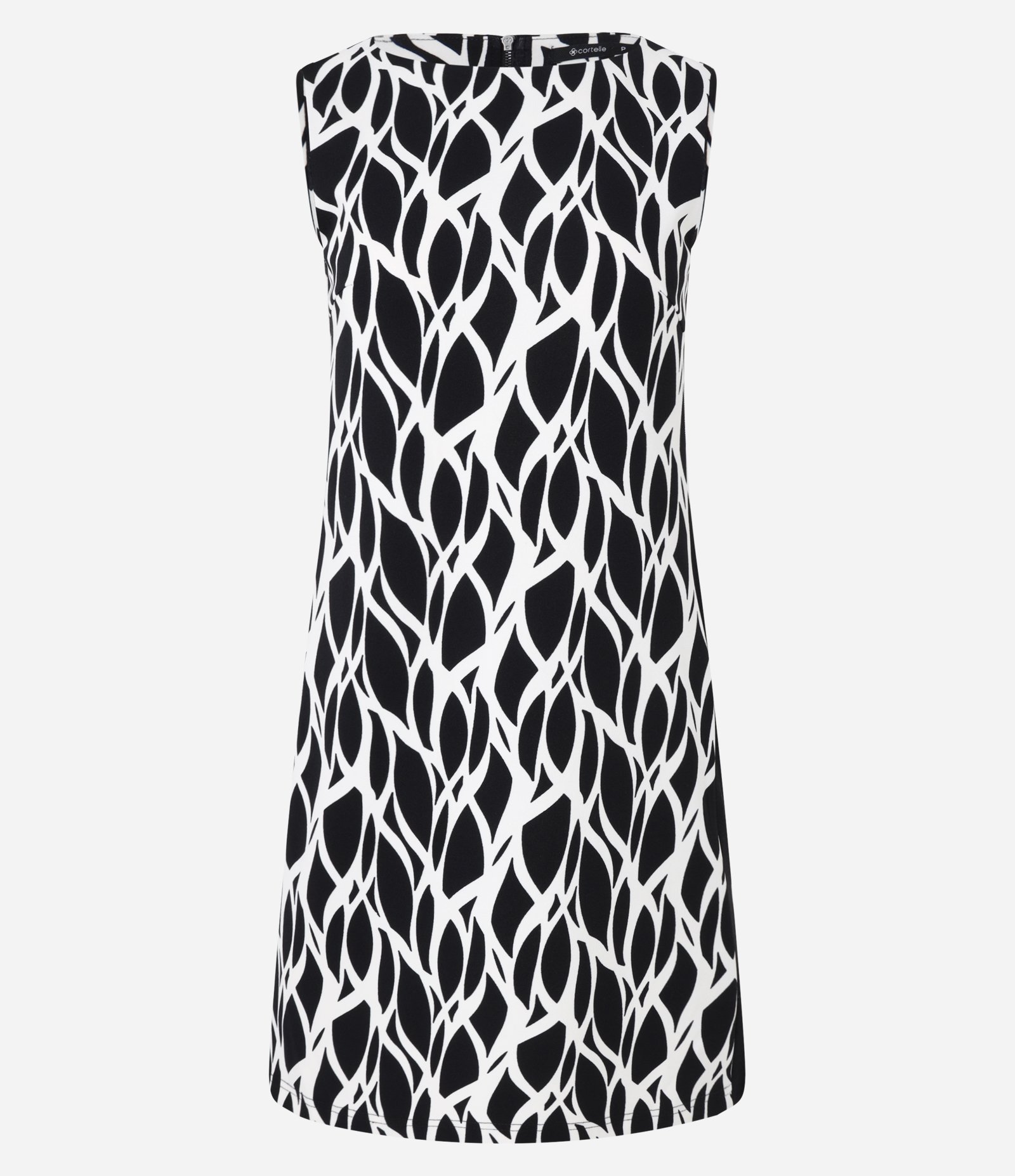 Vestido Curto em Crepe com Estampa Abstrata Preto/Branco 1
