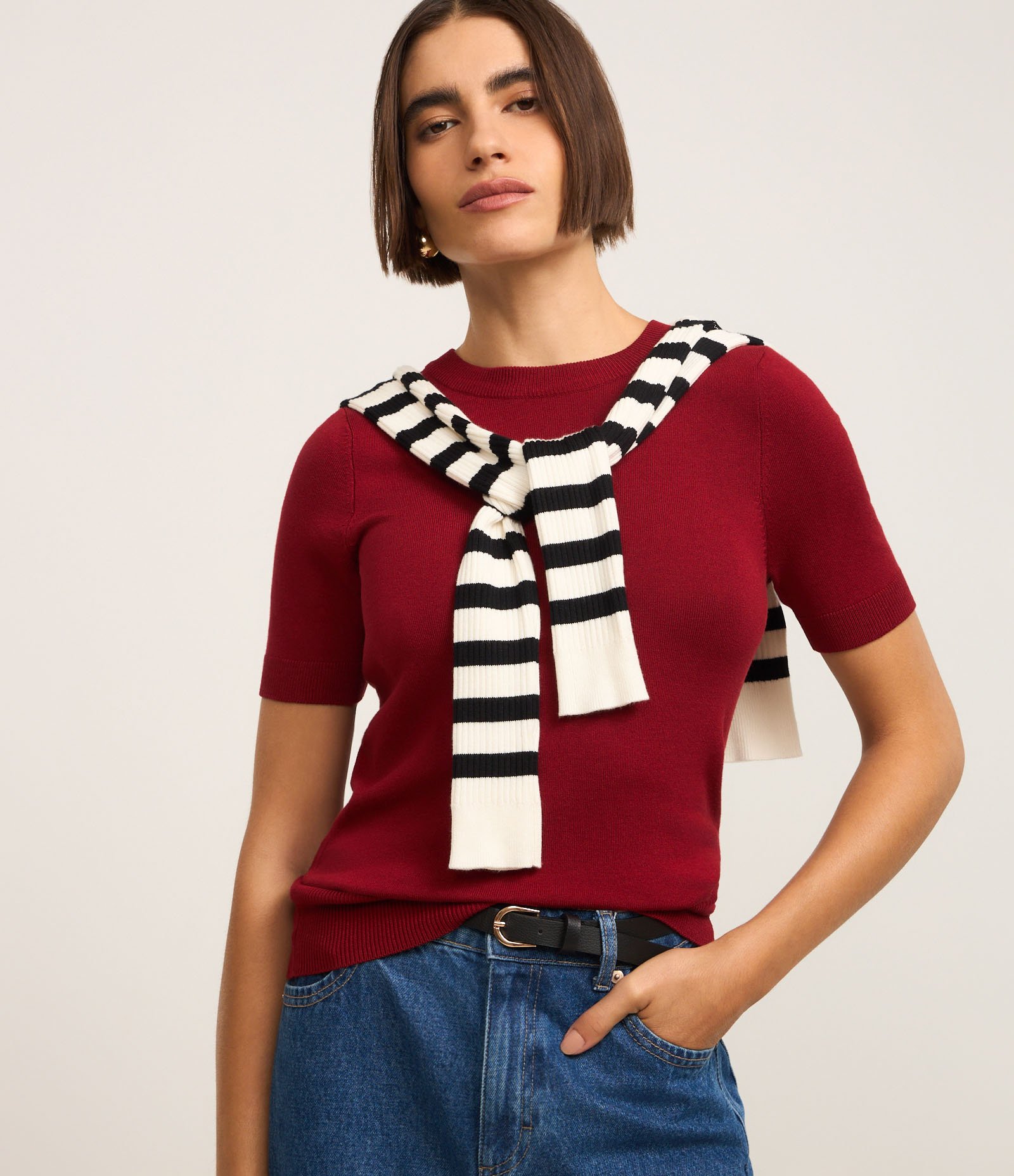 Blusa Básica em Tricô com Barra Canelada Vermelho 1