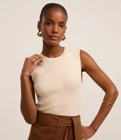 Blusa Sem Manga em Tricô Canelado com Gola Redonda