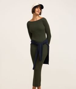 Vestido Midi Justo em Tricô com Gola Canoa