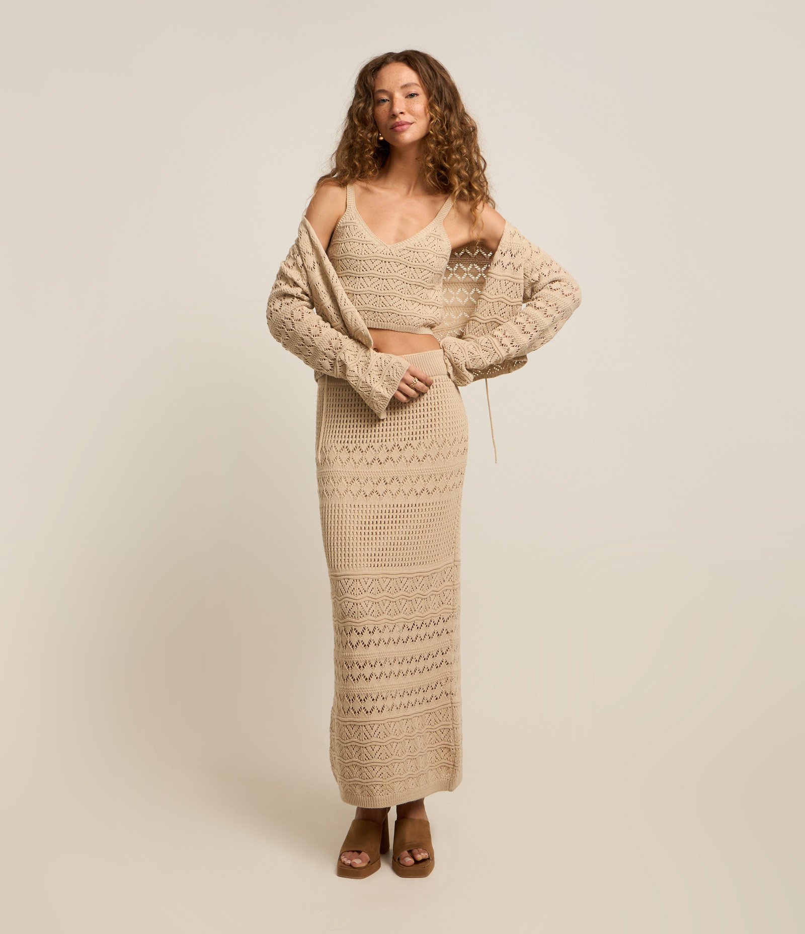 Saia Long Mid em Tricô com Mix de Pontos Bege 1