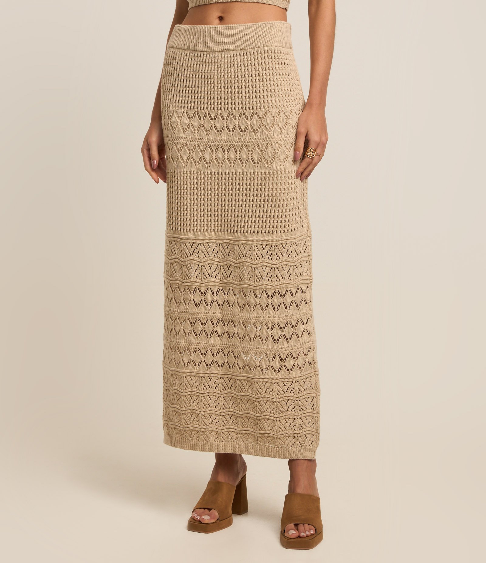 Saia Long Mid em Tricô com Mix de Pontos Bege 3