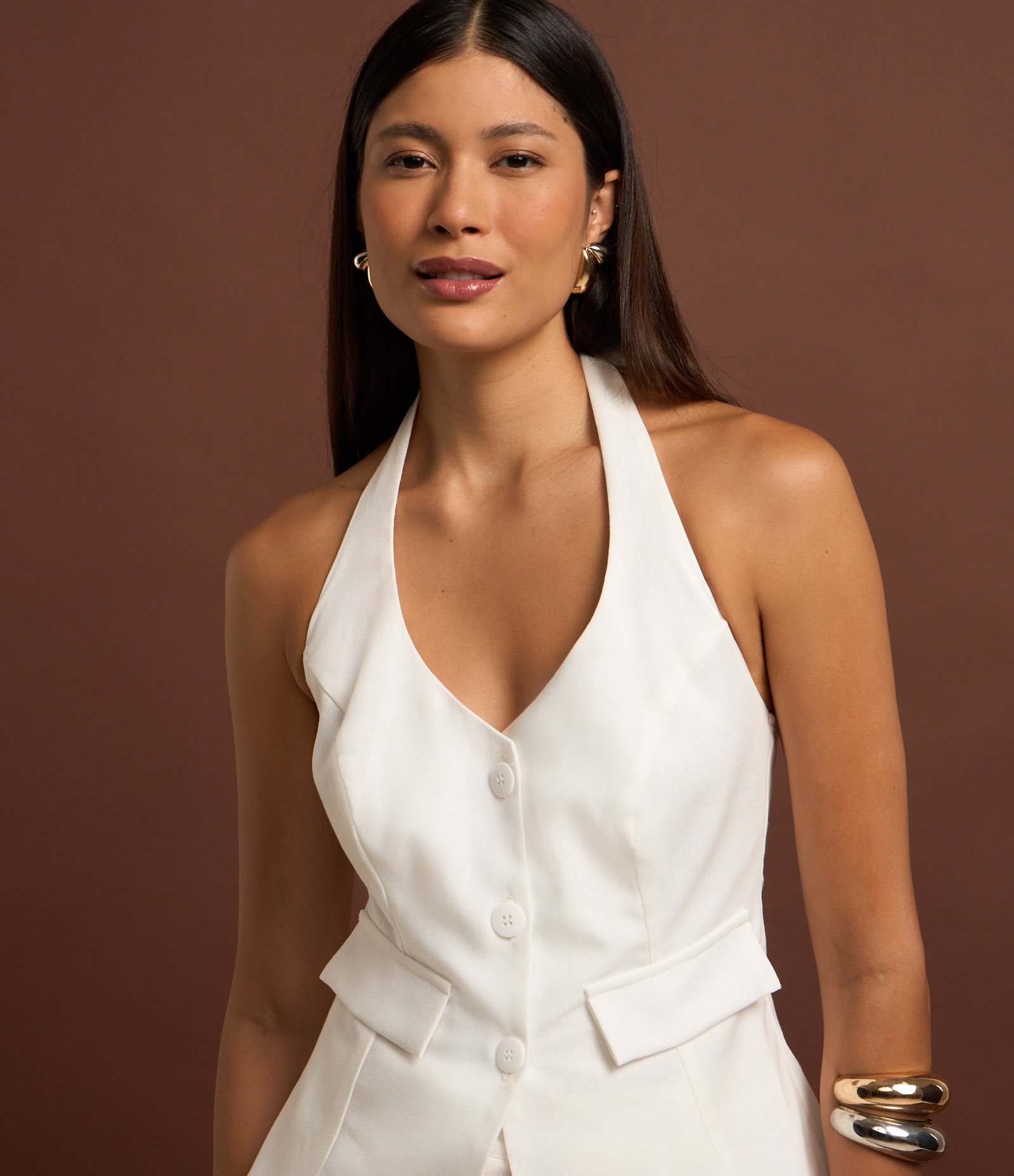 Blusa Colete em Viscolinho Frente Única com Botões Branco 4