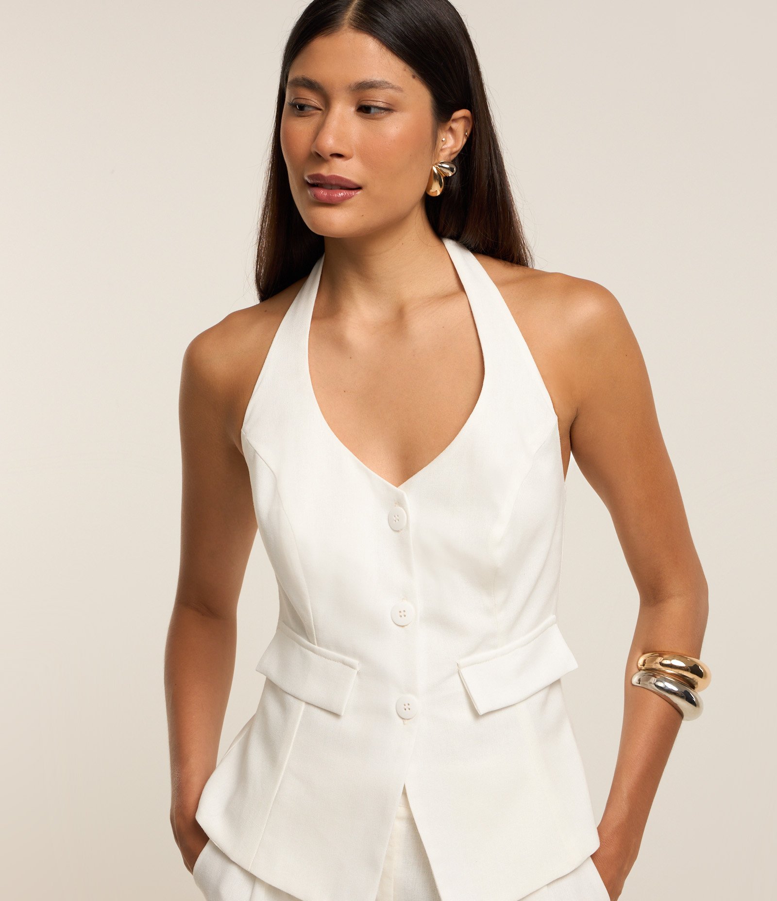 Blusa Colete em Viscolinho Frente Única com Botões Branco 3