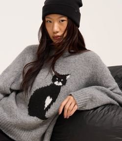 Suéter em Tricô com Estampa de Gatinho