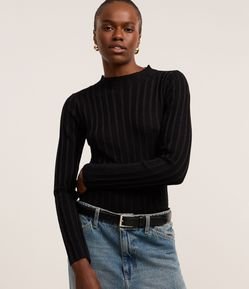 Suéter em Tricô com Listras Texturizadas e Fio Metalizado