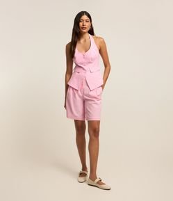 Bermuda Alfaiatada em Viscolinho com Cintura Alta e Pregas