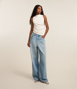 Calça Wide em Jeans com Espelhinhos Aplicados