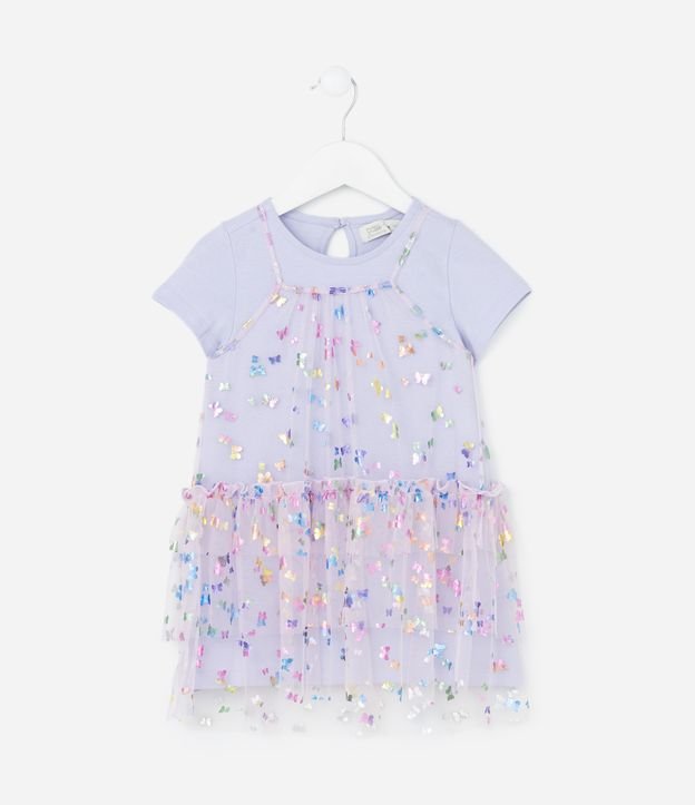 Vestido Infantil com Sobreposição e Estampa Borboletas - Tam 1 a 6 Anos
