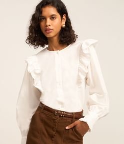 Camisa em Tricoline com Babados e Mangas Bufantes