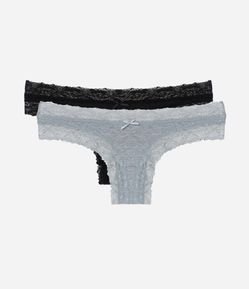 Kit 02 Calcinhas Biquíni Fio Dental em Cotton com Renda e Lacinho