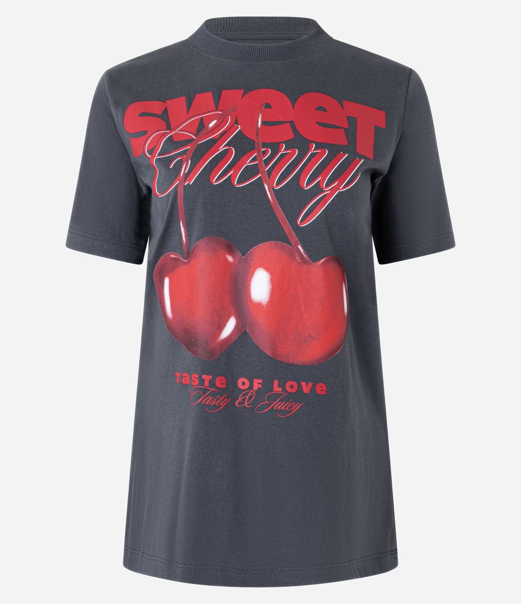Camiseta T-shirt em Algodão com Estampa Sweet Cherry Cinza