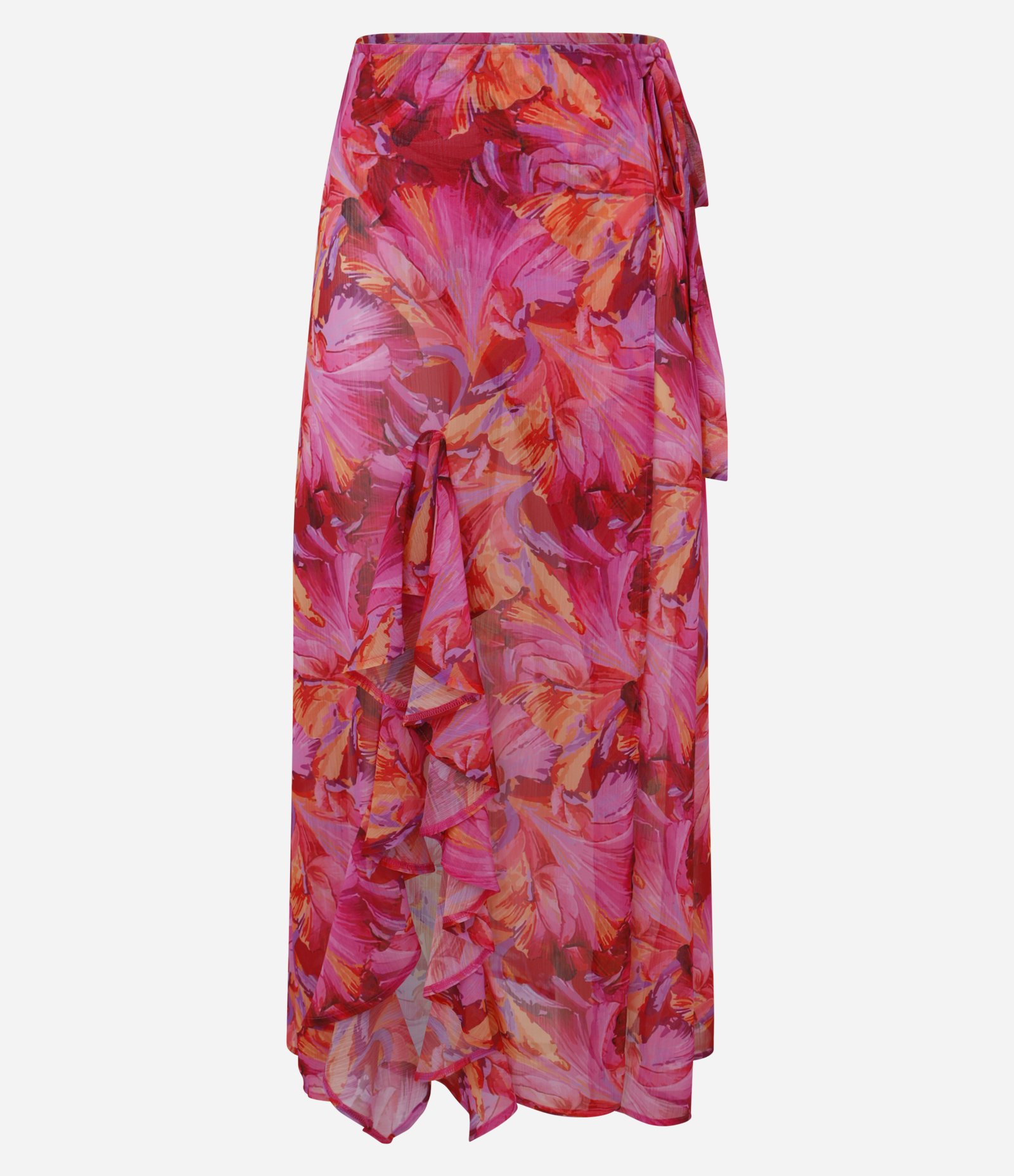 Saída de Praia Saia Longa em Chiffon com Amarração Lateral Floral Vermelho 5