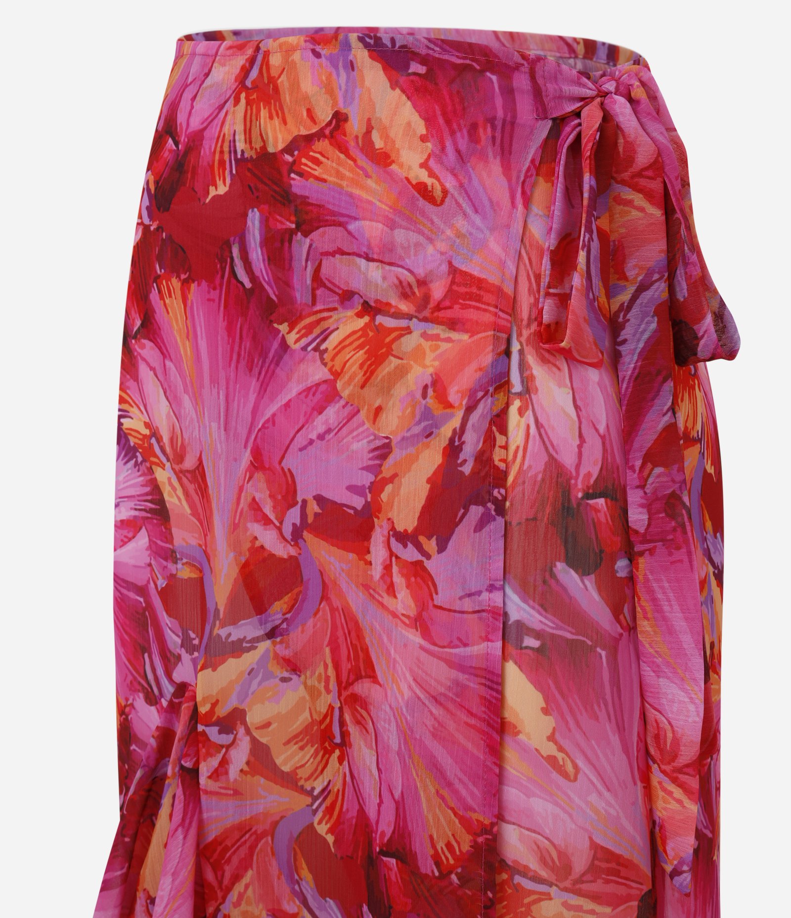 Saída de Praia Saia Longa em Chiffon com Amarração Lateral Floral Vermelho 6