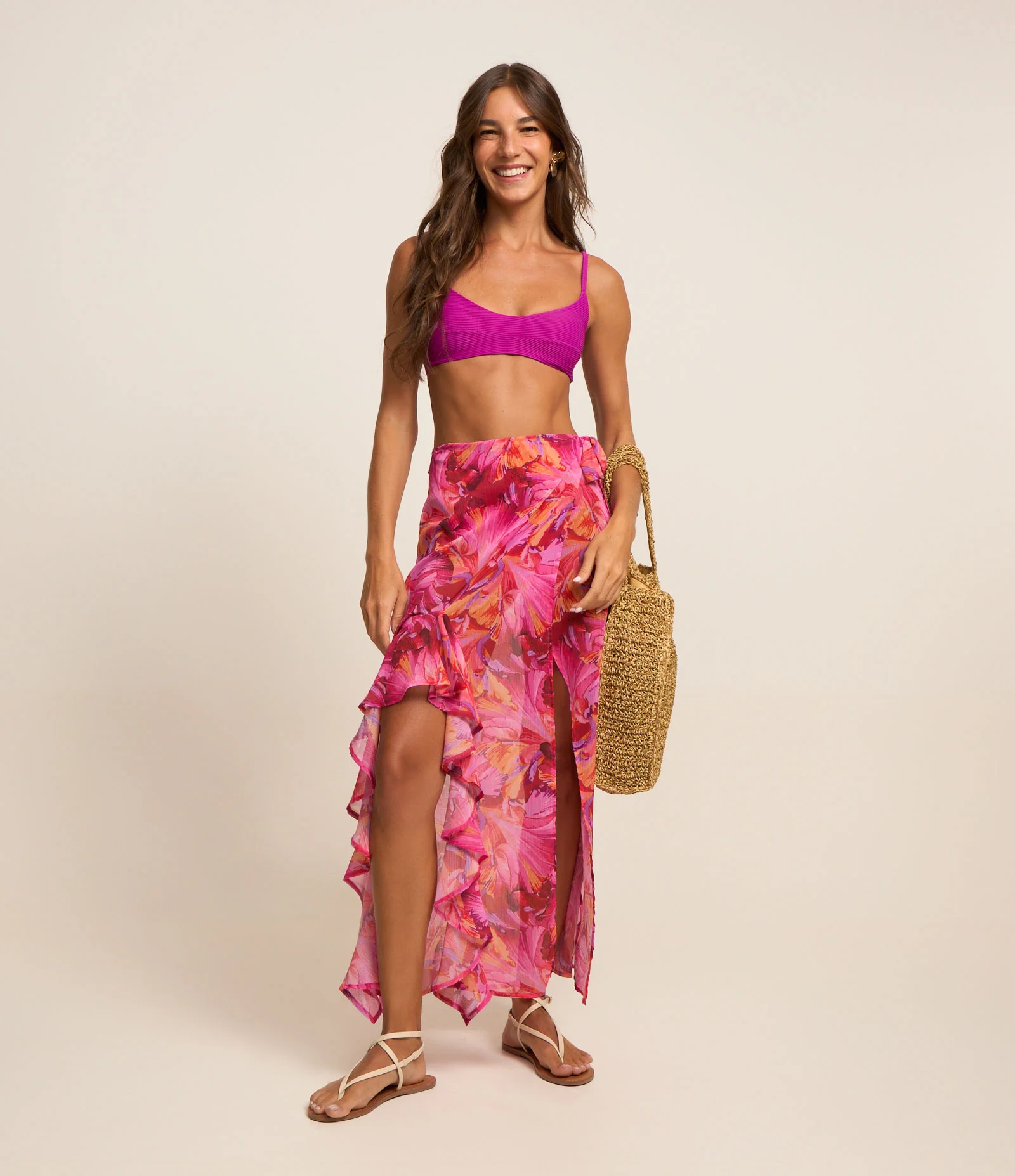 Saída de Praia Saia Longa em Chiffon com Amarração Lateral Floral Vermelho 1