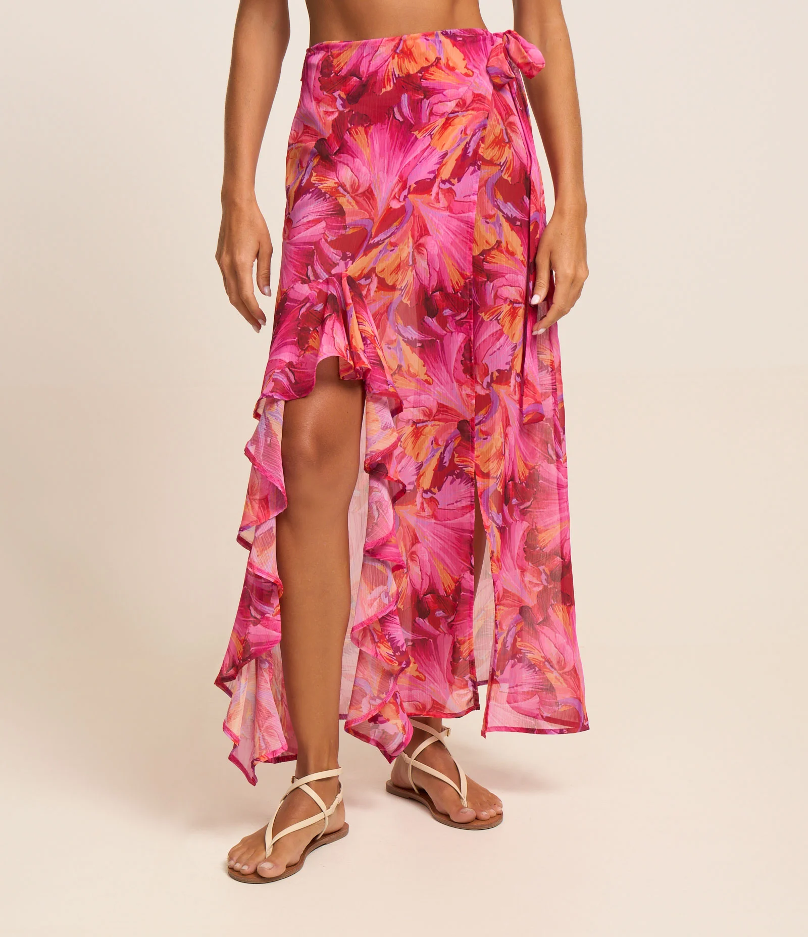 Saída de Praia Saia Longa em Chiffon com Amarração Lateral Floral Vermelho 2