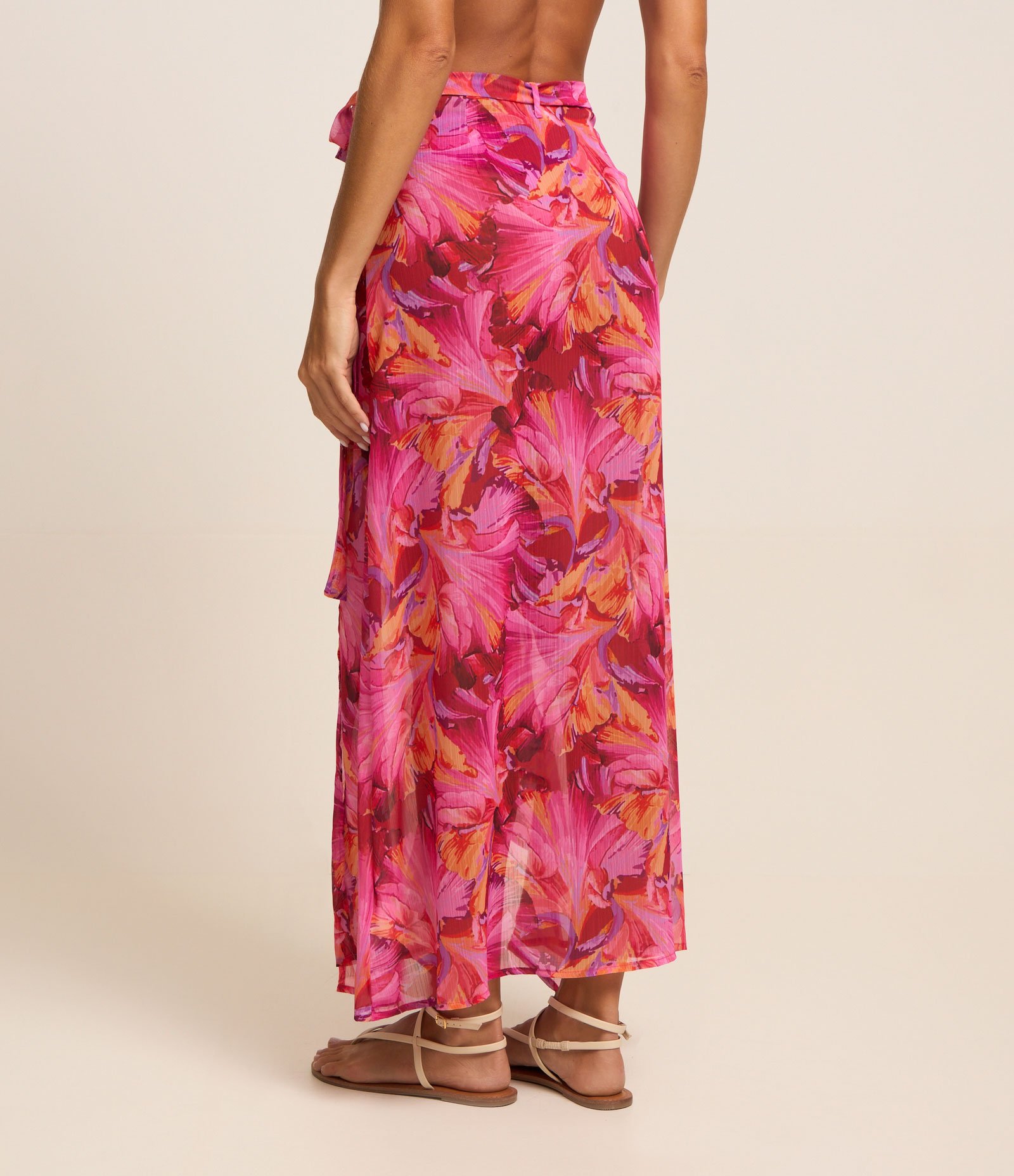 Saída de Praia Saia Longa em Chiffon com Amarração Lateral Floral Vermelho 3