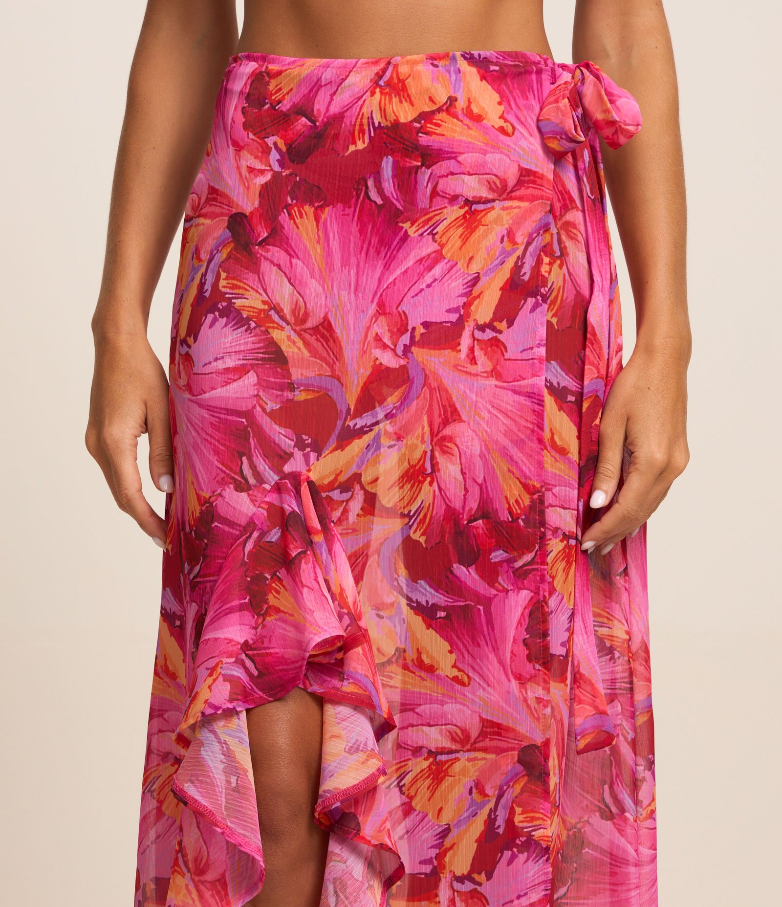 Saída de Praia Saia Longa em Chiffon com Amarração Lateral Floral Vermelho 4