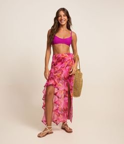 Saída de Praia Saia Longa em Chiffon com Amarração Lateral Floral