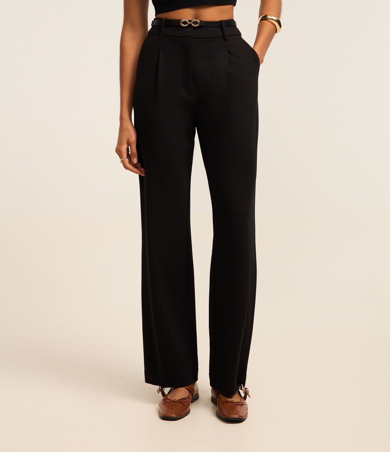 Calça Reta Cintura Alta em Ponto Roma com Cinto Fino Preto 3