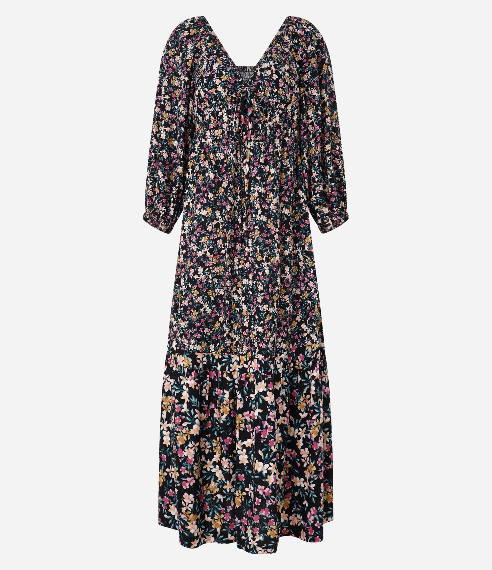 Vestido Long Midi Viscose com Estampa Floral e Amarração no Busto Preto 5