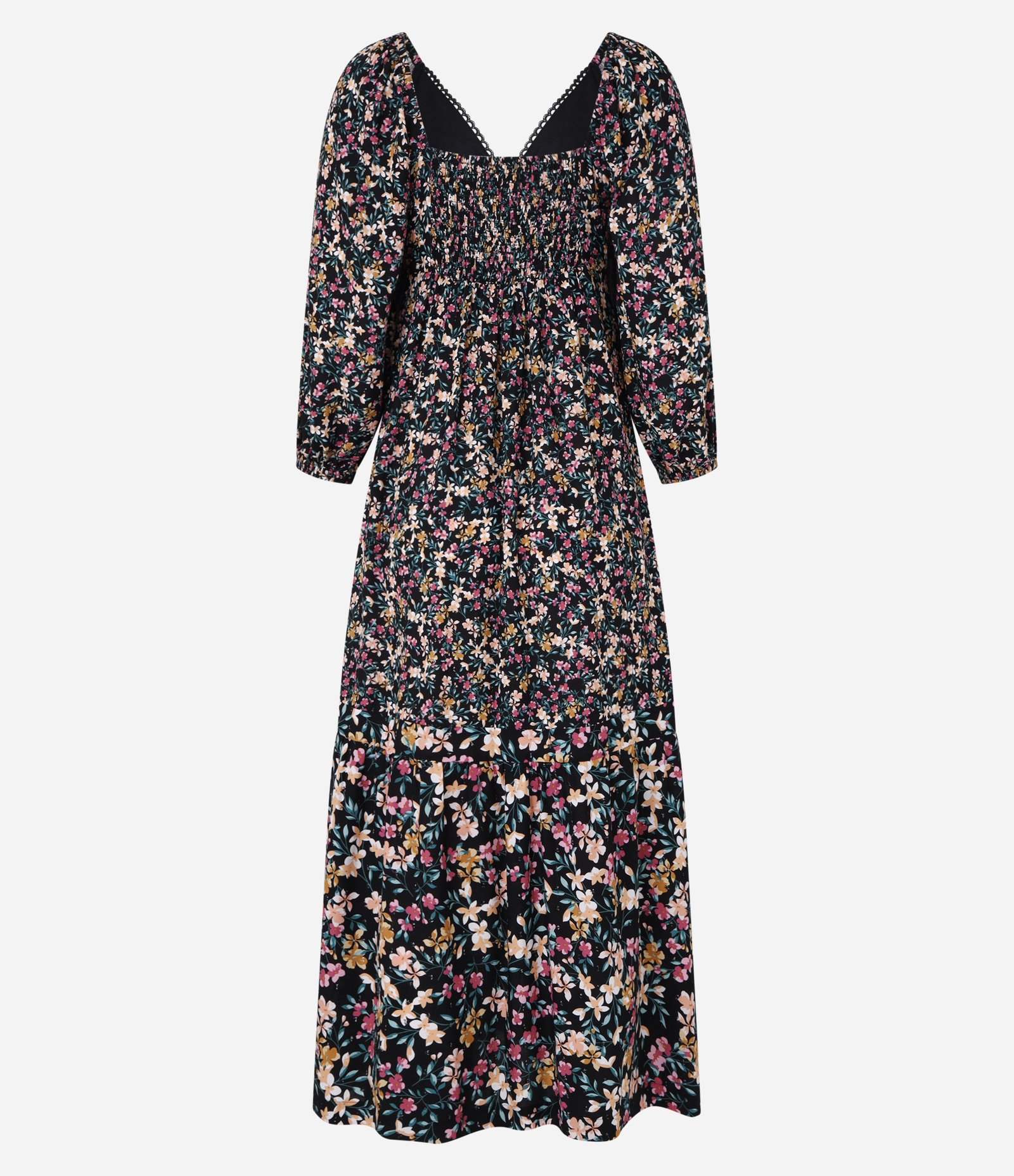 Vestido Long Midi Viscose com Estampa Floral e Amarração no Busto Preto 6